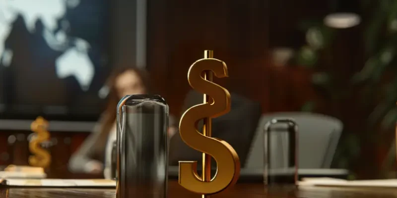 business people sitting around a table with a $ sign in the middle