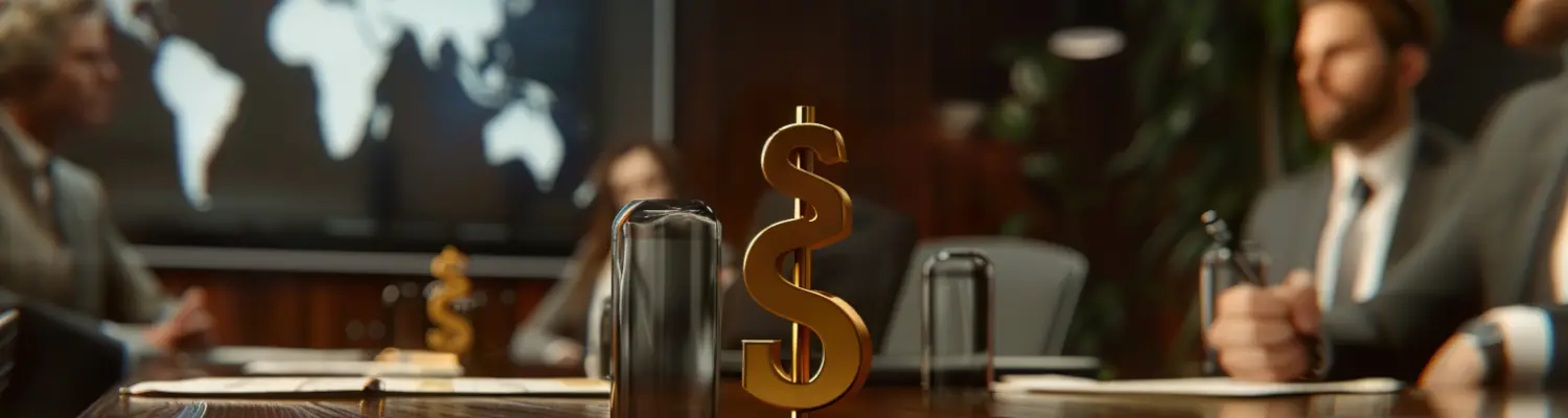 business people sitting around a table with a $ sign in the middle