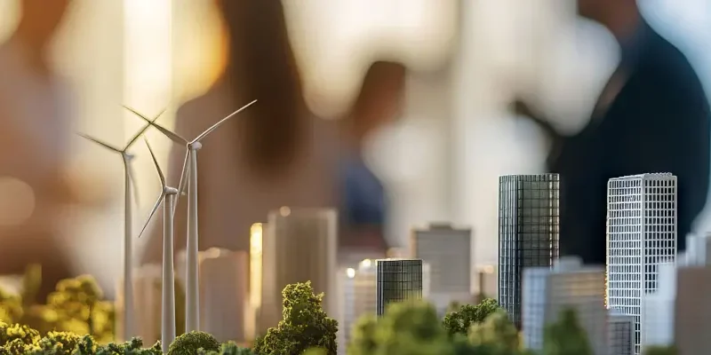 a city model in the foreground with people in the background