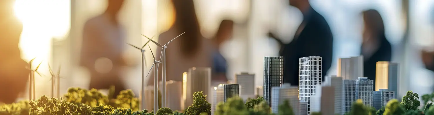 a city model in the foreground with people in the background