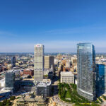 An aerial via of downtown Milwaukee on a clear, sunny summer day.