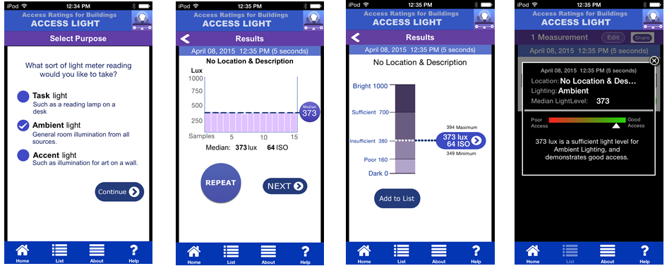 Four screenshots demonstrating the application design and measurement features of Access Light