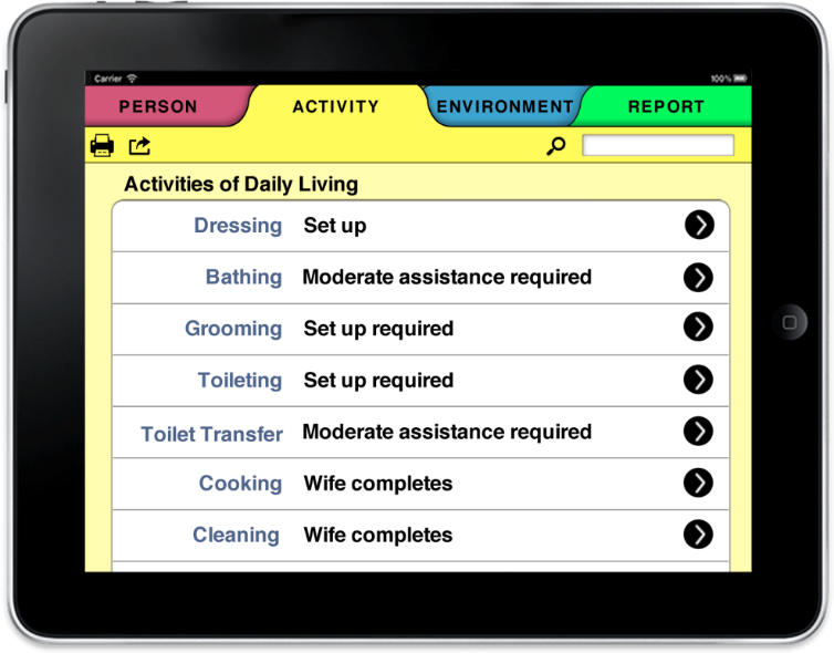 Photo of an iPad with the screen showing various activites of daily living under Activity tab in the HESTIA app