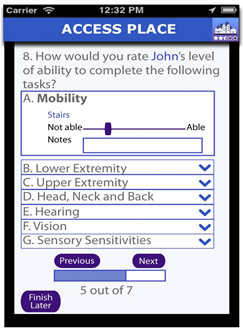 Screenshot showing the acessibility rating process for different disabilities on Access Place