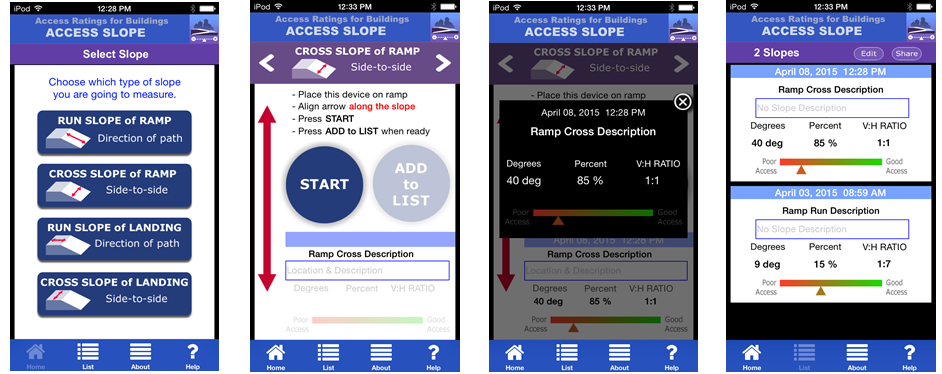 Four screenshots demonstrating the application design and measurement features of Access Slope