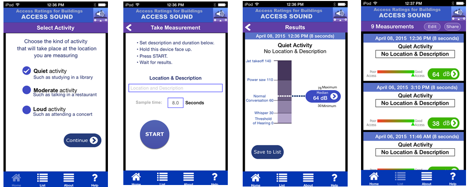 Four screenshots demonstrating the application design and measurement features of Access Sound