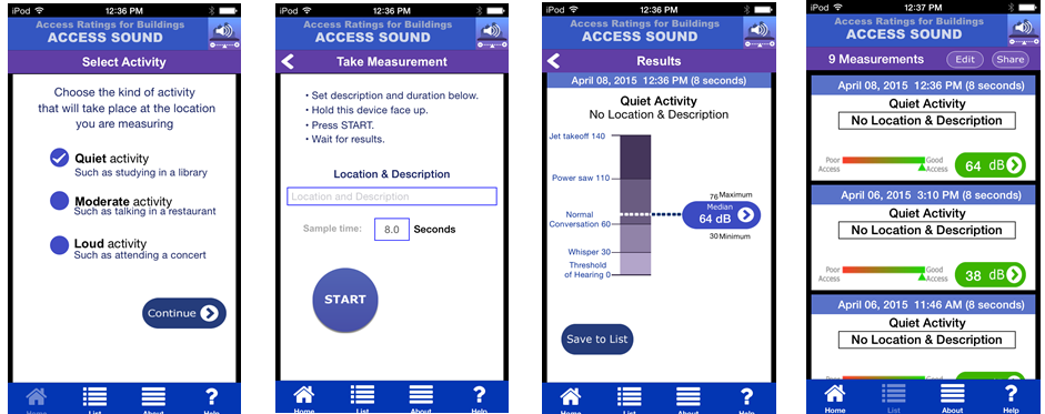 Four screenshots demonstrating the application design and measurement features of Access Sound