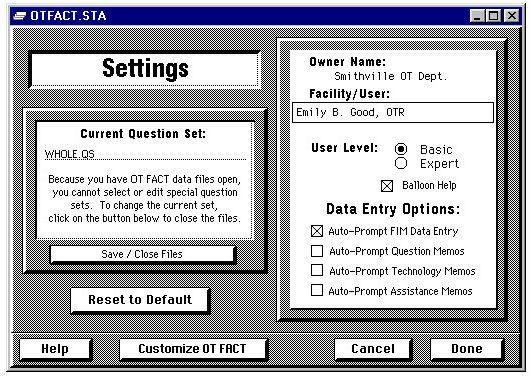 Screenshot of OT FACT settings screen