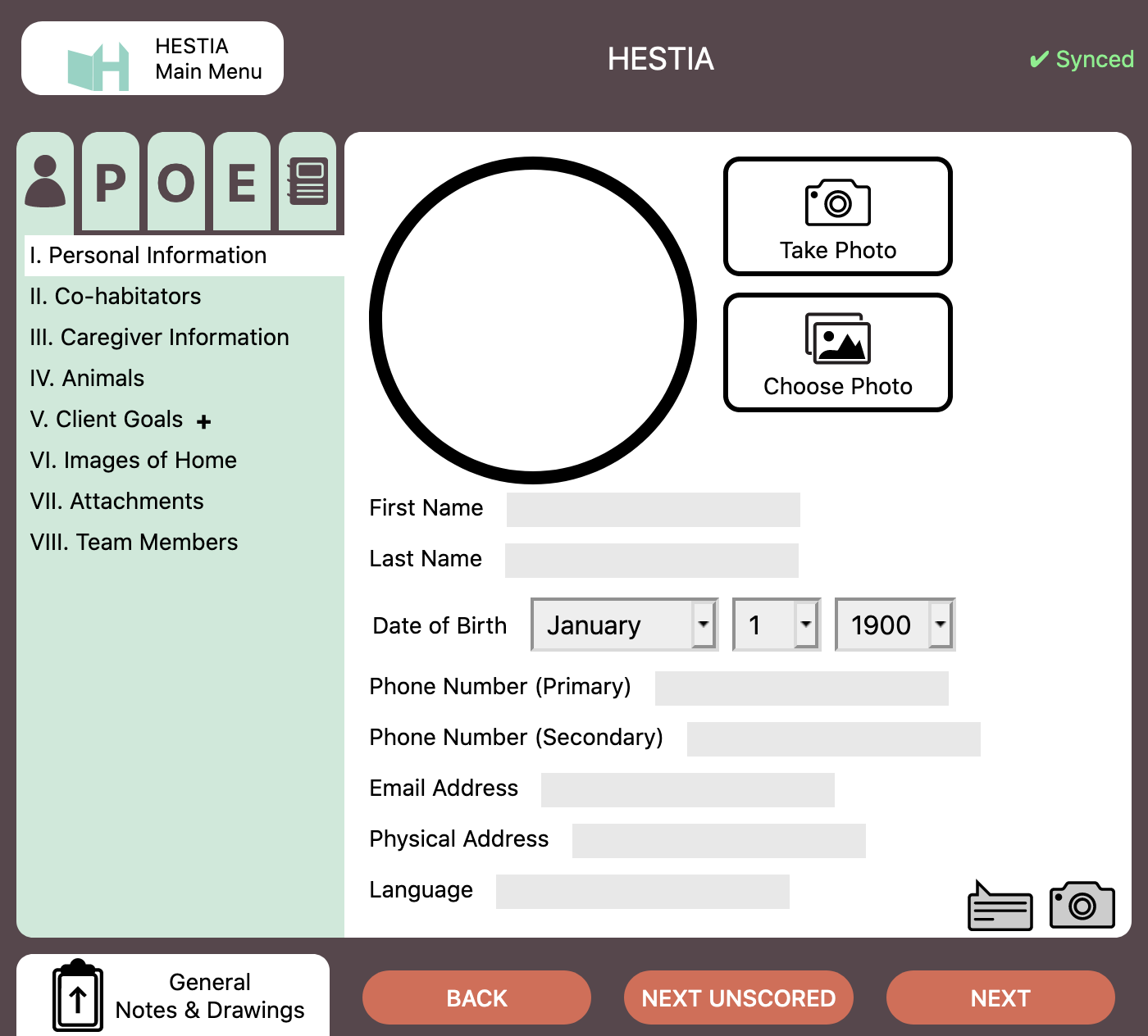Screenshot of HESTIA profile information page for the users to provide personal information
