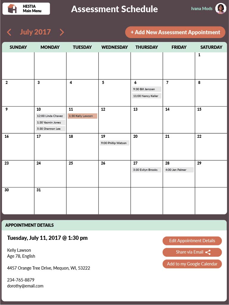 Screenshot of HESTIA Assessment Schedule screen