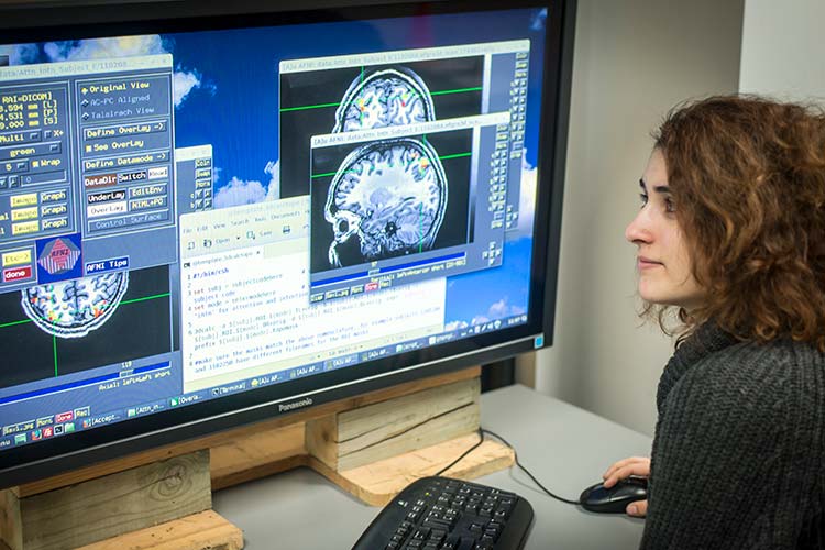 Dr. Wendy Huddleston’s student research assistant in Visuomotor Laboratory analyzes brain imaging data.