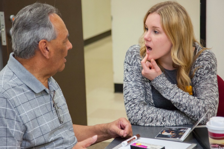 Students in the rehabilitation sciences can work with clients from across the lifespan. Here a Communication Sciences & Disorders student works on speech skills with a client in the Aphasia Clinic.