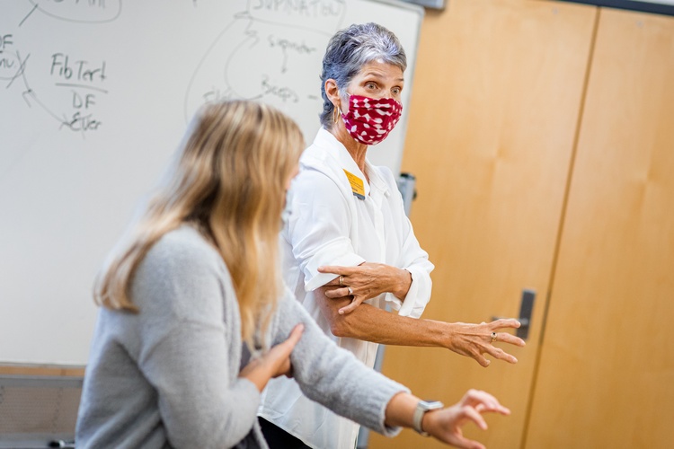 Doctor of Physical Therapy instructor instructs students on the anatomy and physiology of the arm.