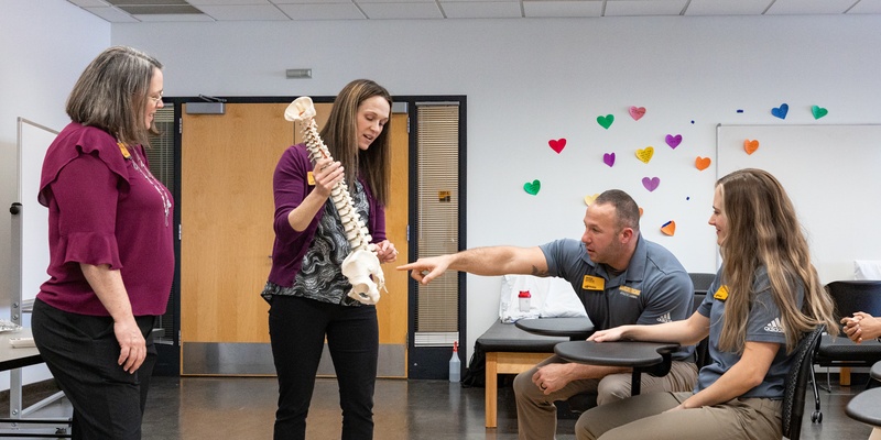 Athletic Training student identifies bones on a human spine model.