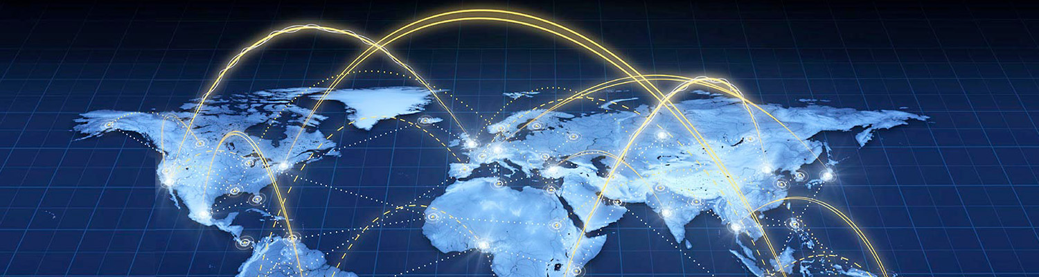 Digital world map with illuminated connection lines representing global network connectivity