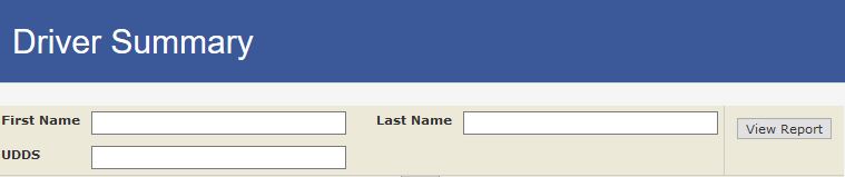 Screen capture of the Enterprise Fleet Management System Driver Summary Report form with First Name, Last Name, and UDDS fields