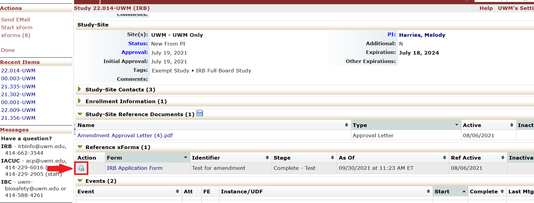 Location of Reference xForm and icon (two pages with green plus sign) on study homepage in I-Manager.