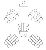 T Shape Room Configration with tables in groups of three with two tables back-to-back and the third across the end with six chairs per group. This configuration is good for grouping participants in groups of six.