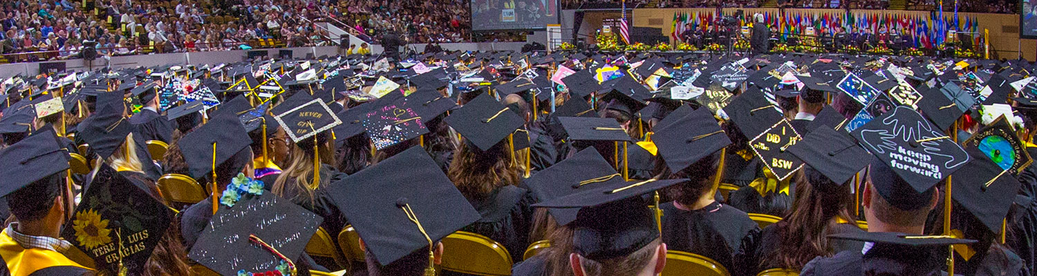 UWM graduation ceremony, view of students graduation caps