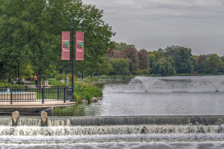 Downtown Waukesha boasts a river walk in a bucolic setting with rushing rapids.