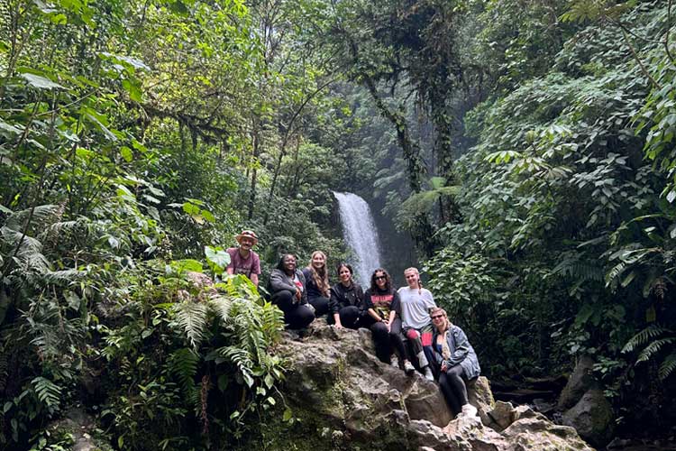 Students in a lush rain forest with a waterfall in the background.