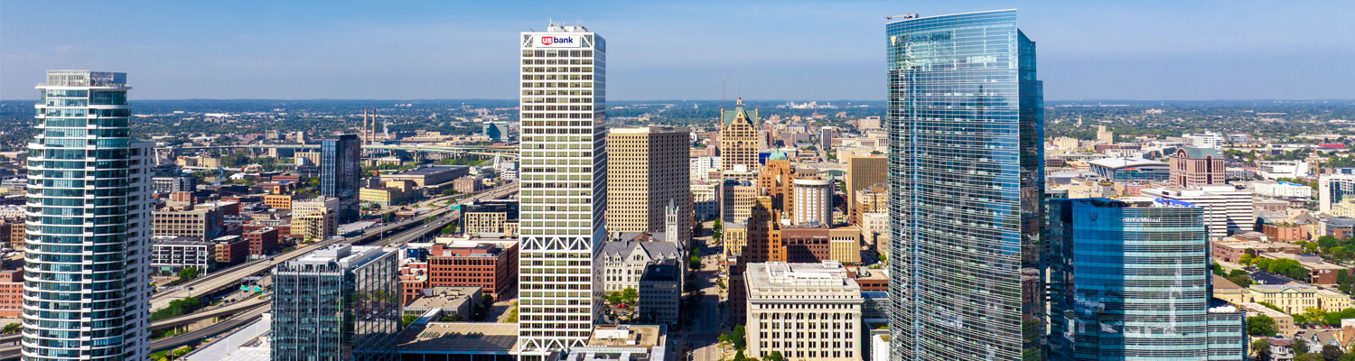 Aerial view of the Milwaukee skyline.