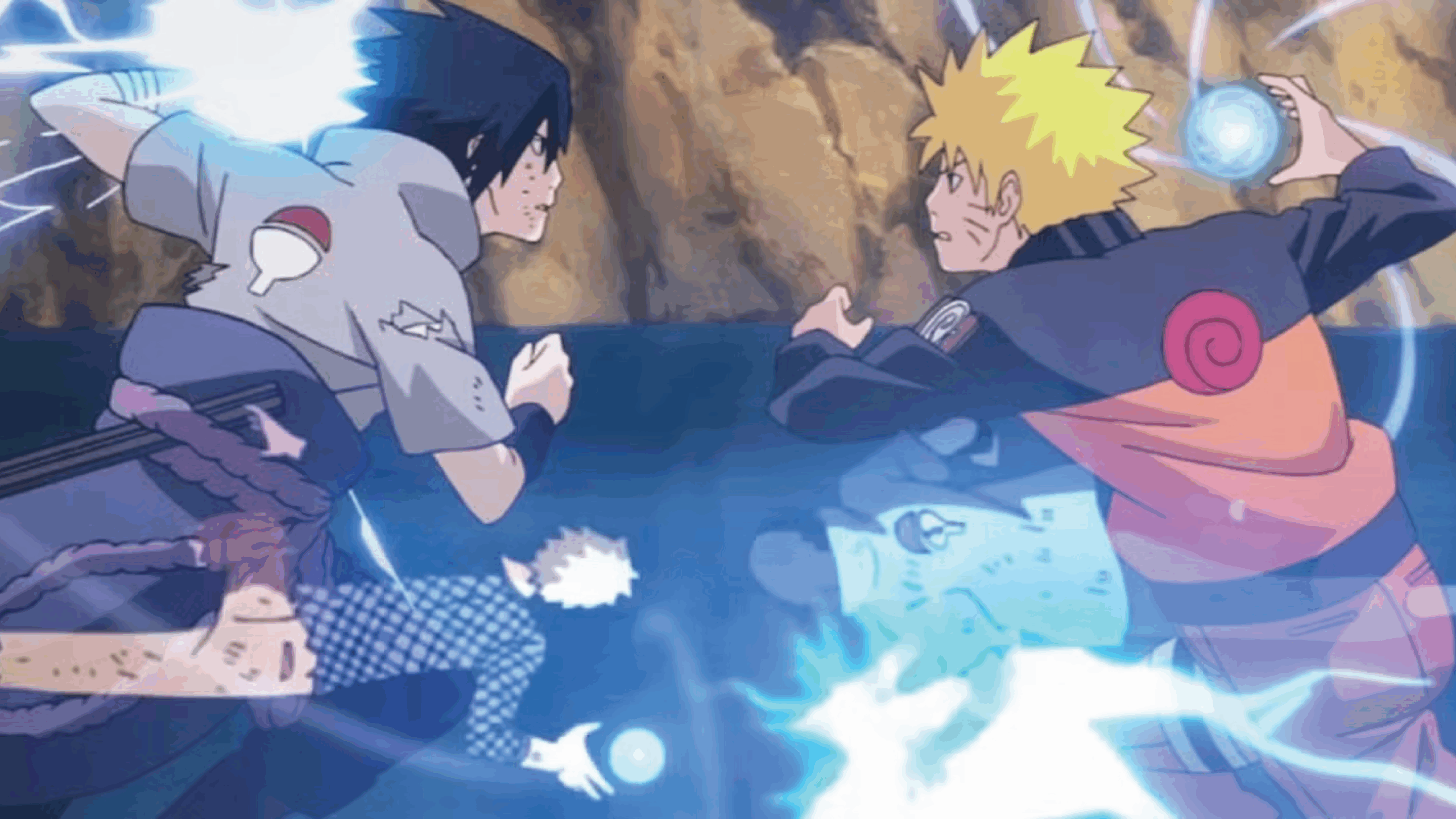Image from the anime NARUTO. Naruto and Sasuke are facing off against each other, with fists cocked and blue flashes of light between them