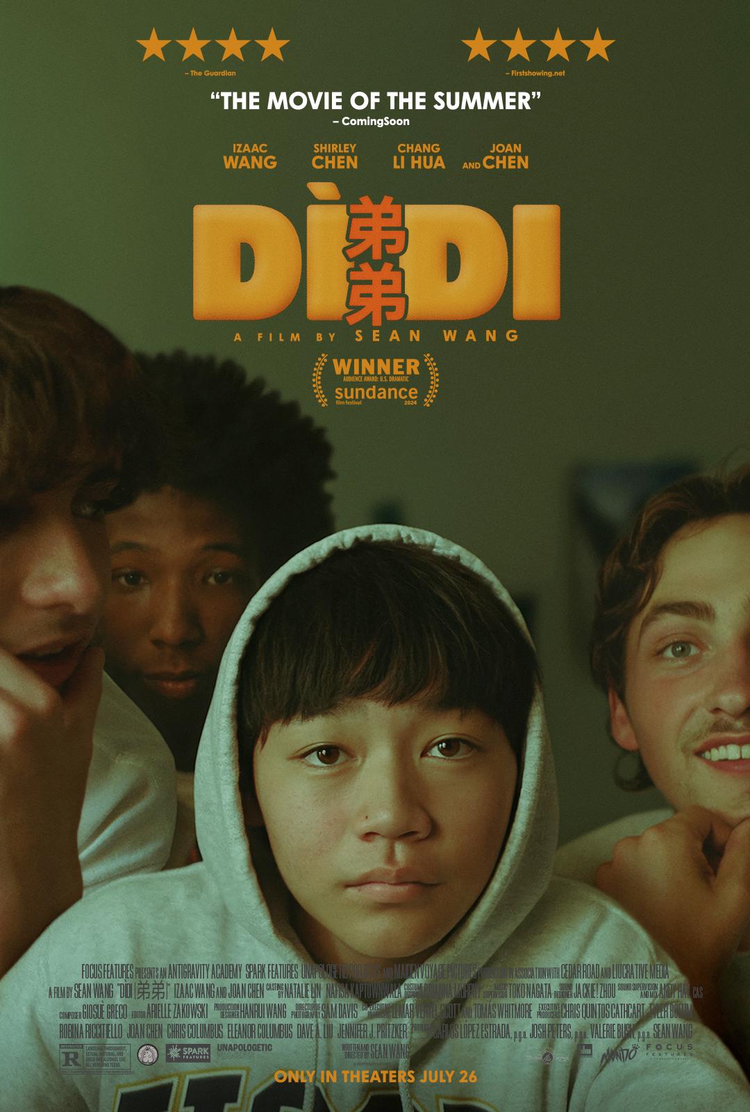Movie poster for "Didi". The title character is standing in front with the hood on his greysweatshirt up. Behind him are three more young men out of focus