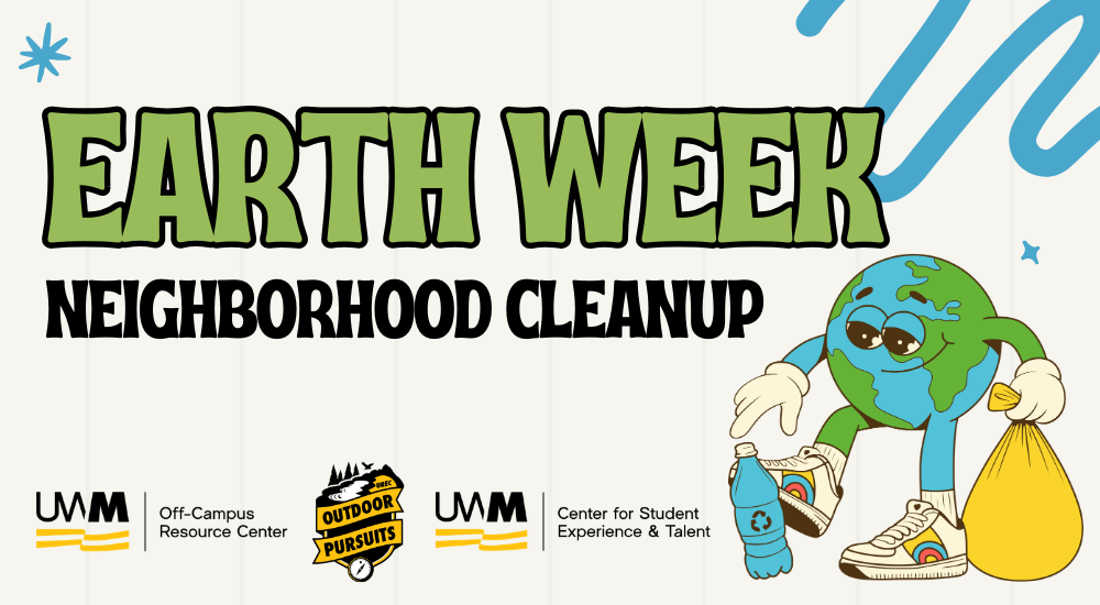 Cartoon banner image that reads "Earth Week" below this text reads "Neighborhood Cleanup". There are assorted UWM logos for the sponsored groups. The text is in vibrant green and black. There is a cartoon image of the Earth with arms and legs, he holds a full, yellow garbage bag in his hand