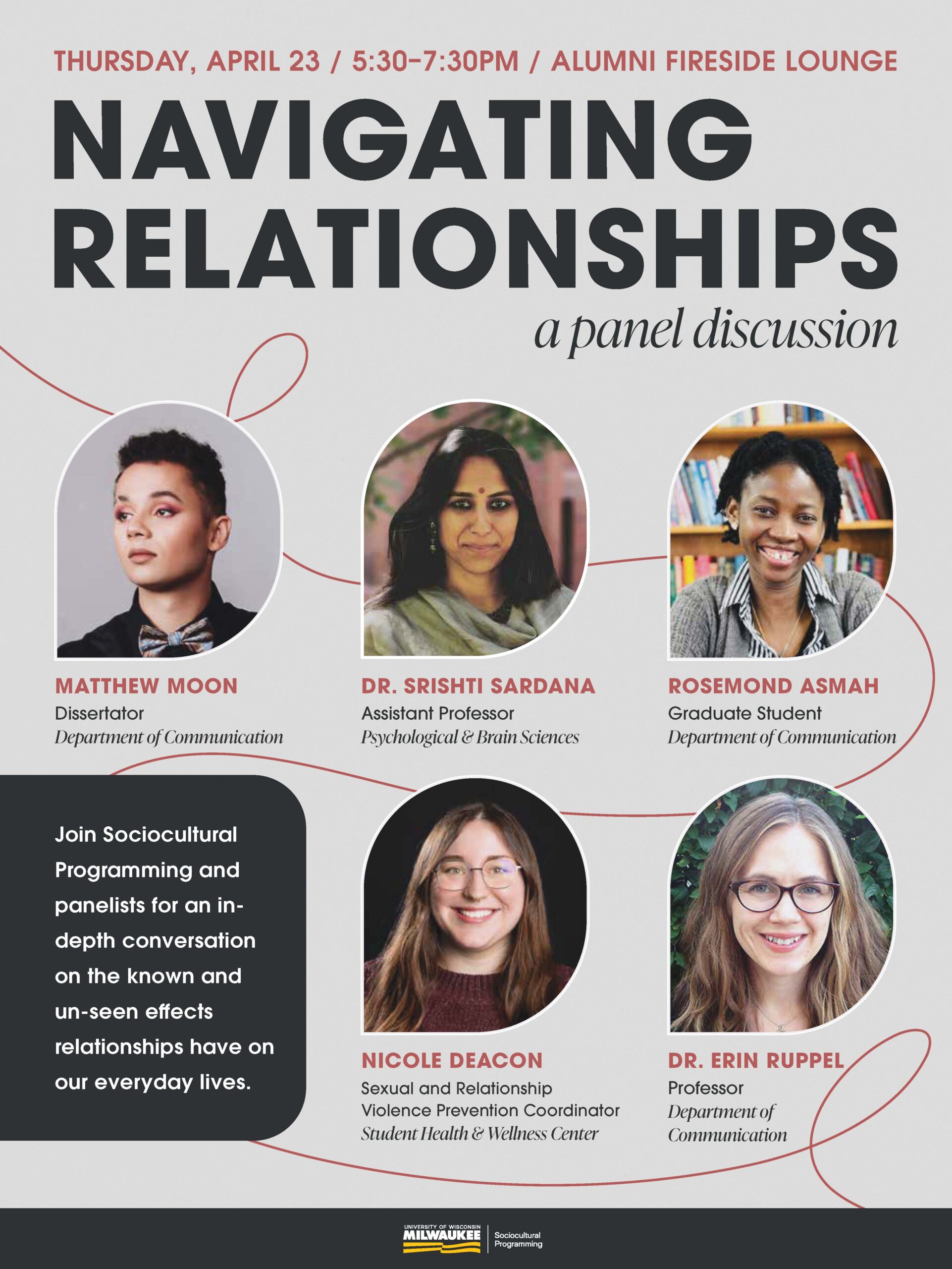 This image is a promotional flyer for a panel discussion titled "Navigating Relationships." The design features a light gray background with portraits of five speakers and red decorative line art weaving between them.