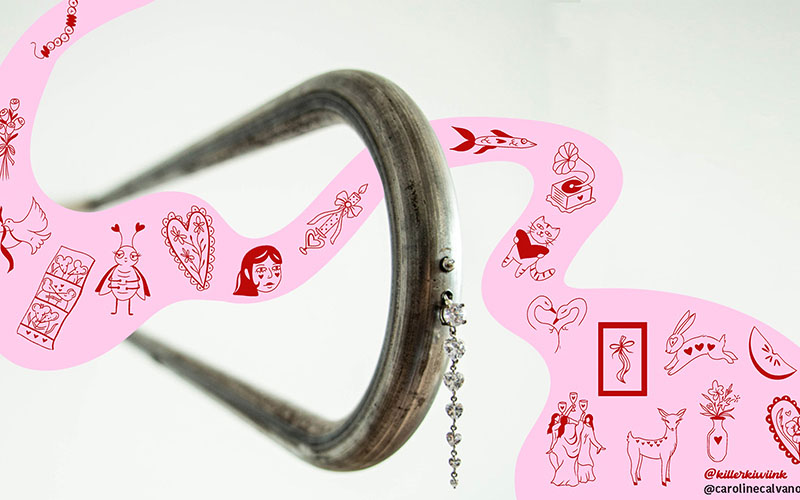 Metal and line art artwork. A collage of images are displayed within a pink swirl that swirls about a metal hook. They are simple images, like a mirror, a girl, a heart, and an antique chair are among the items depicted
