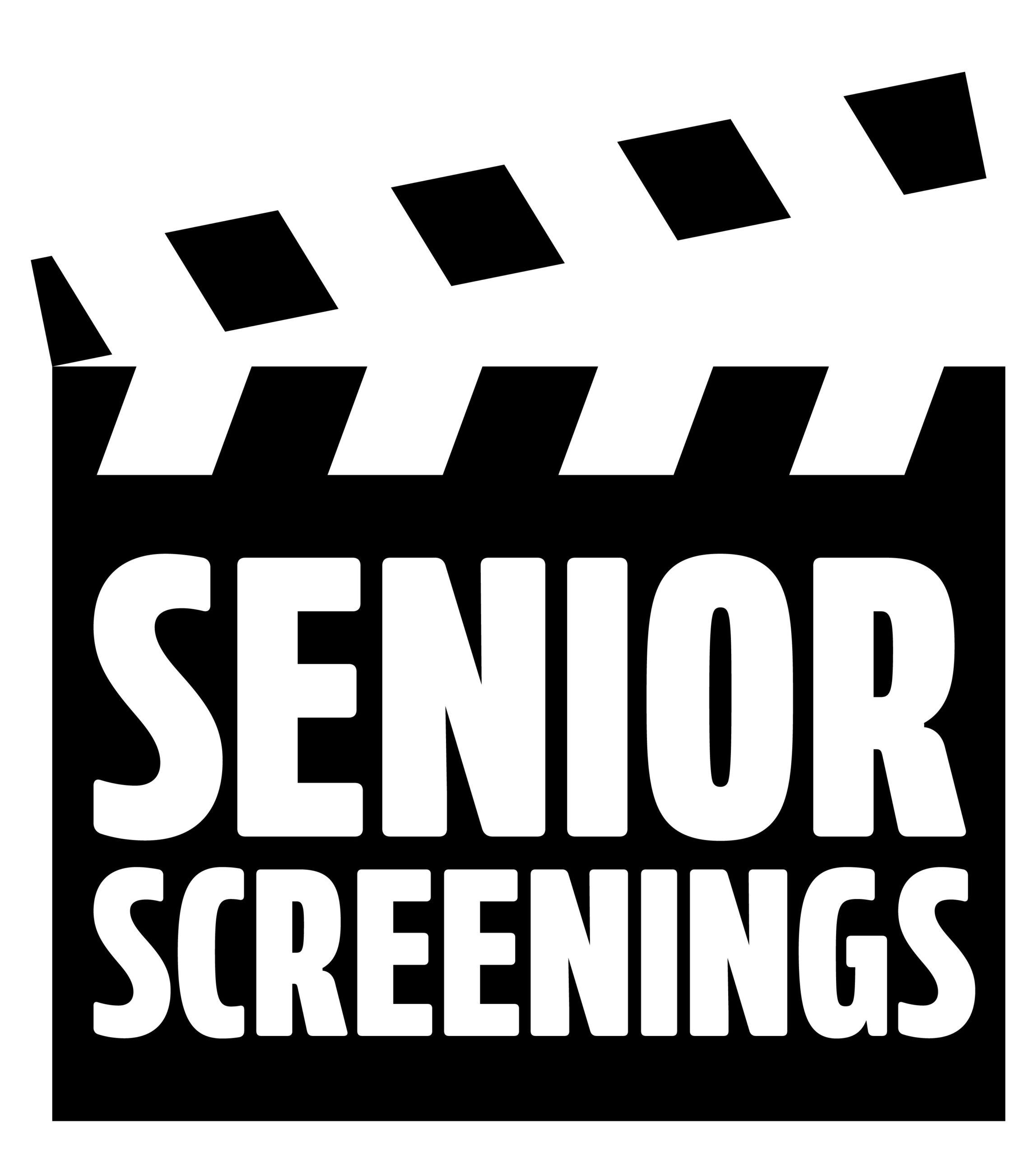 A black and white logo featuring a stylized movie clapperboard with the words "SENIOR SCREENINGS" in a bold, sans-serif font below it.