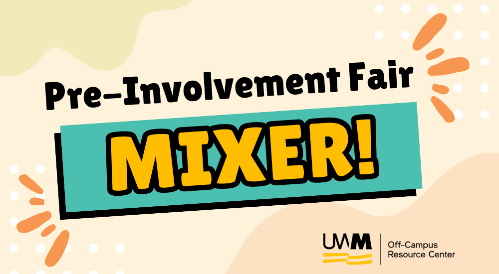 An image layout featuring the text "Pre-Involvement Fair MIXER!" in bold lettering. The word "MIXER!" is highlighted inside a teal rectangular box with a slight drop shadow. The background is a soft, light-cream color decorated with abstract pastel shapes, white polka dots, and small orange accent lines radiating from the text. In the bottom right corner, a small logo reads "UWM Off-Campus Resource Center".