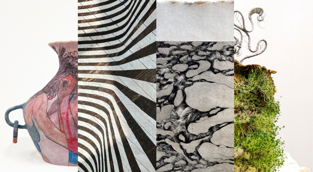 A collage featuring vertical panels of four distinct artworks: a painted ceramic vessel, a black-and-white zebra-stripe pattern, a detailed marbled abstract texture, and a mossy green sculpture with wire details.
