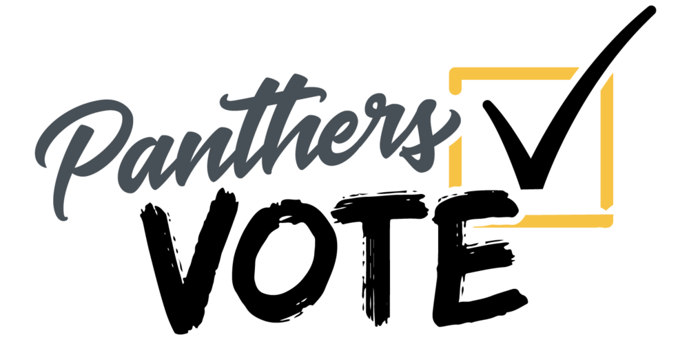 Logo with the text "Panthers VOTE" on a light gray background. "Panthers" is written in a black cursive script, while "VOTE" is in bold, black capital letters below it. To the right of the text, there is a yellow outline of a checkbox containing a large black checkmark. Below the main text, the website address "uwm.edu/vote" is printed in a clean, black sans-serif font and underlined with a solid black line