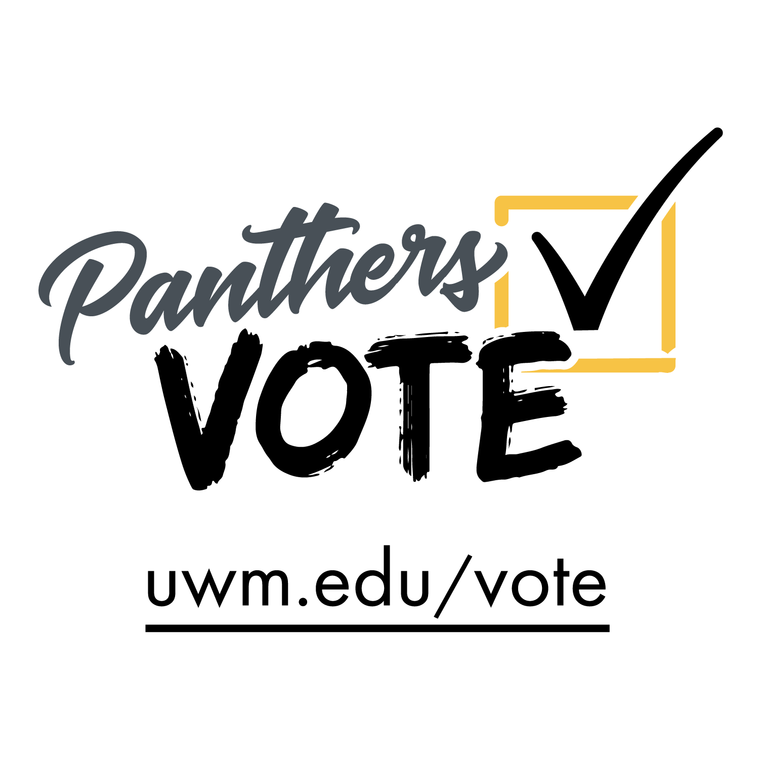 Logo with the text "Panthers VOTE" on a light gray background. "Panthers" is written in a black cursive script, while "VOTE" is in bold, black capital letters below it. To the right of the text, there is a yellow outline of a checkbox containing a large black checkmark. Below the main text, the website address "uwm.edu/vote" is printed in a clean, black sans-serif font and underlined with a solid black line
