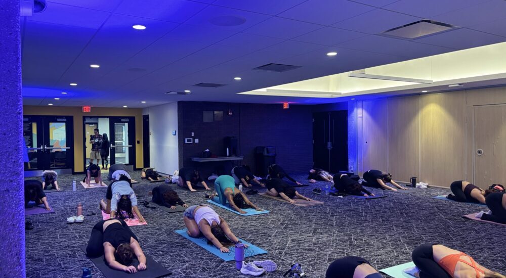 A group of people practicing yoga on mats in a studio with blue ambient lighting.