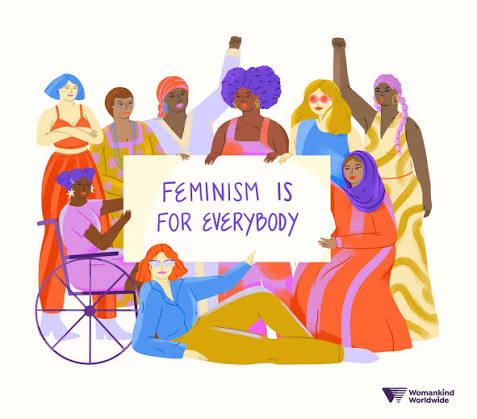 Colorful illustration of a diverse group of women holding a banner that reads "Feminism is for everybody."