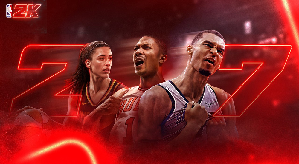 A red-toned promotional banner for NBA 2K25 featuring basketball players Caitlin Clark, Derrick Rose, and Victor Wembanyama framed by large, glowing red numbers reading "2K27."