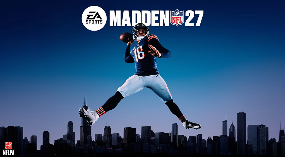 Promotional graphic for EA Sports Madden NFL 27 featuring an NFL player wearing number 18 mid-air above a city skyline silhouette against a blue sky, with the EA Sports Madden NFL 27 logo centered at the top.