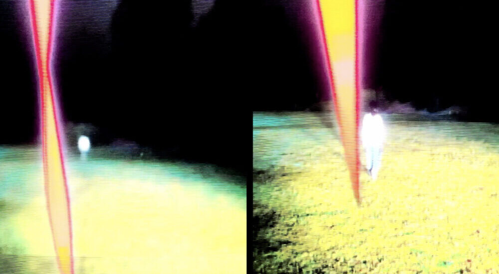 A split-screen visual with high contrast and overexposed color saturations, featuring vertical beams of pink and yellow light piercing down into open landscape fields against a dark sky.