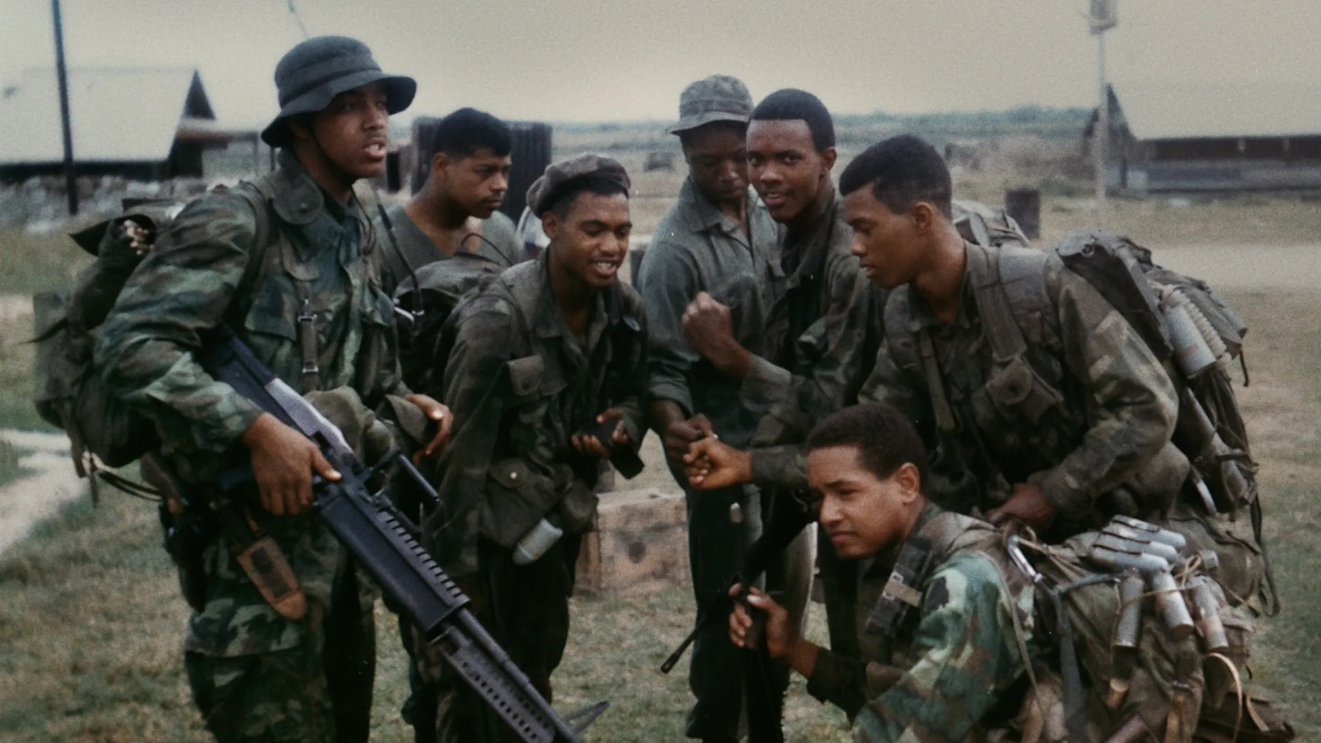 Still from the film Soul Patrol showing a group of soldiers in military uniforms and gear standing together outdoors.