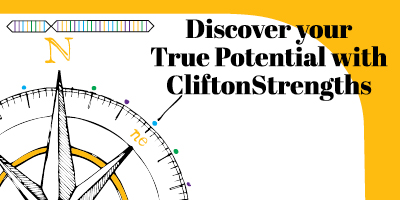 Graphic with a compass illustration and text reading 'Discover your True Potential with CliftonStrengths' on a yellow and white background.