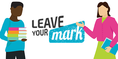 Illustration of two people with books and text 'Leave Your Mark,' promoting student leadership opportunities.