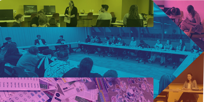 Colorful collage of horizontal panels showing students in leadership activities: group discussion in a computer lab, large roundtable meeting, crafting with paper pieces, and classroom writing. Bright overlays in green, blue, pink, and orange emphasize creativity and collaboration.