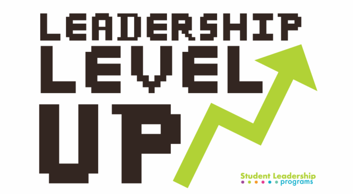 "Leadership Level Up" with a green arrow facing upwards.