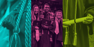 3 photos of graduating students wearing caps, gowns and various cords.