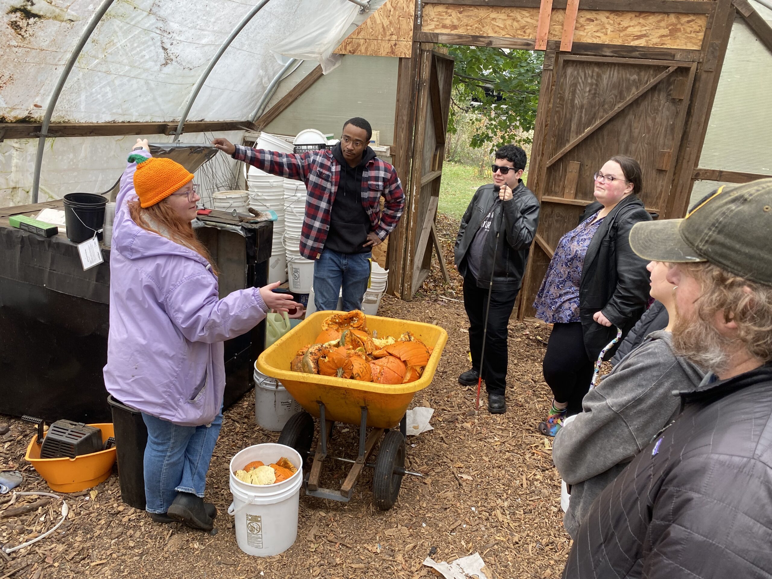 Students learn how to compost pumpkins in the UWM Hoop House
