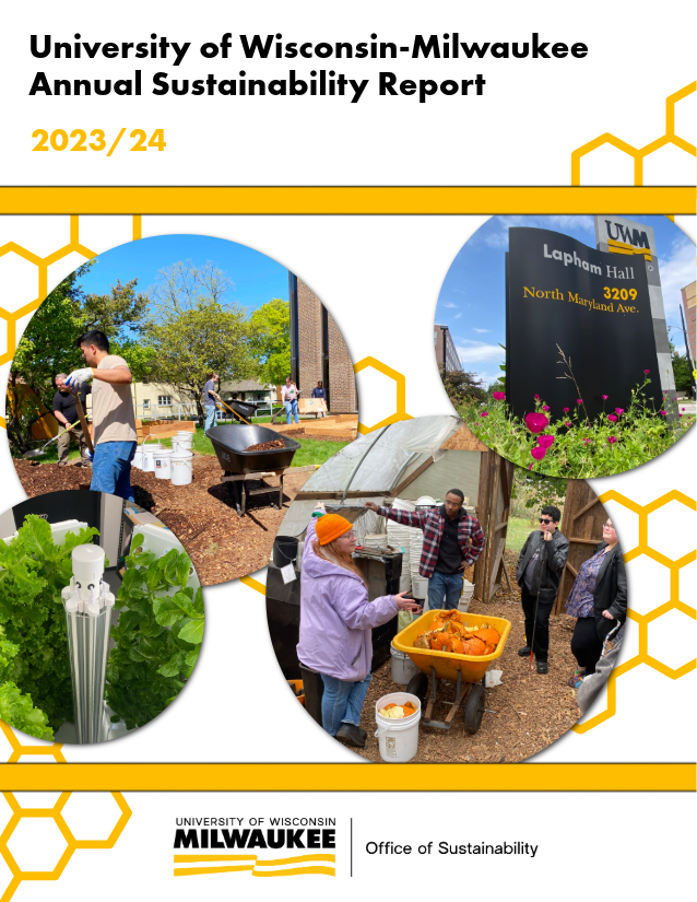 Cover page of the 2023/2024 Annual Report, featuring students building garden beds, composting pumpkins, UWM sign with native flowers, and lettuce growing in hydroponics systems. Click to review online copy.