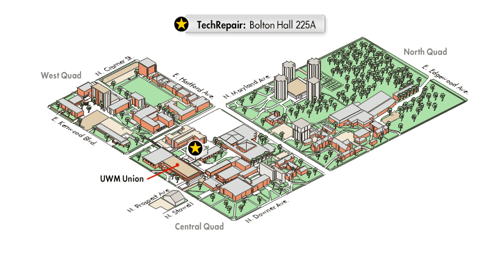 Map of UWM main campus with the location of TechRepair marked. Bolton Hall 225A